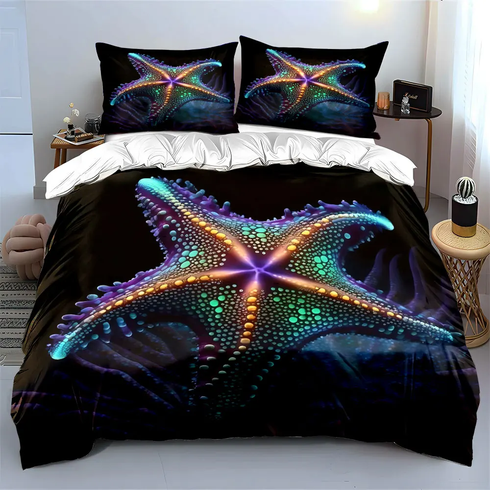 Colorful glowing starfish. Print Bedding Set 1 Duvet Cover 2 Pillowcases for Adult and Children Luxury Gift Full Size