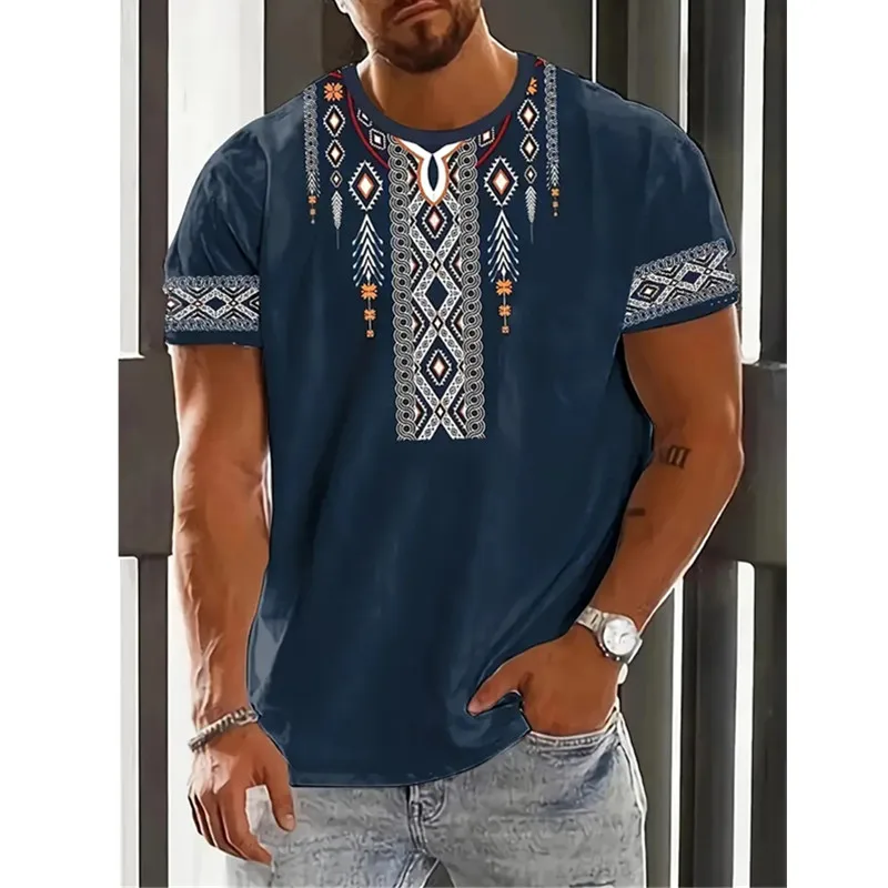 Retro Ethnic Style Printed T-shirt Big Size Men Short Sleeve O-Neck Casual Pullover Tops 2024 Sumemr New Men T-Shirt