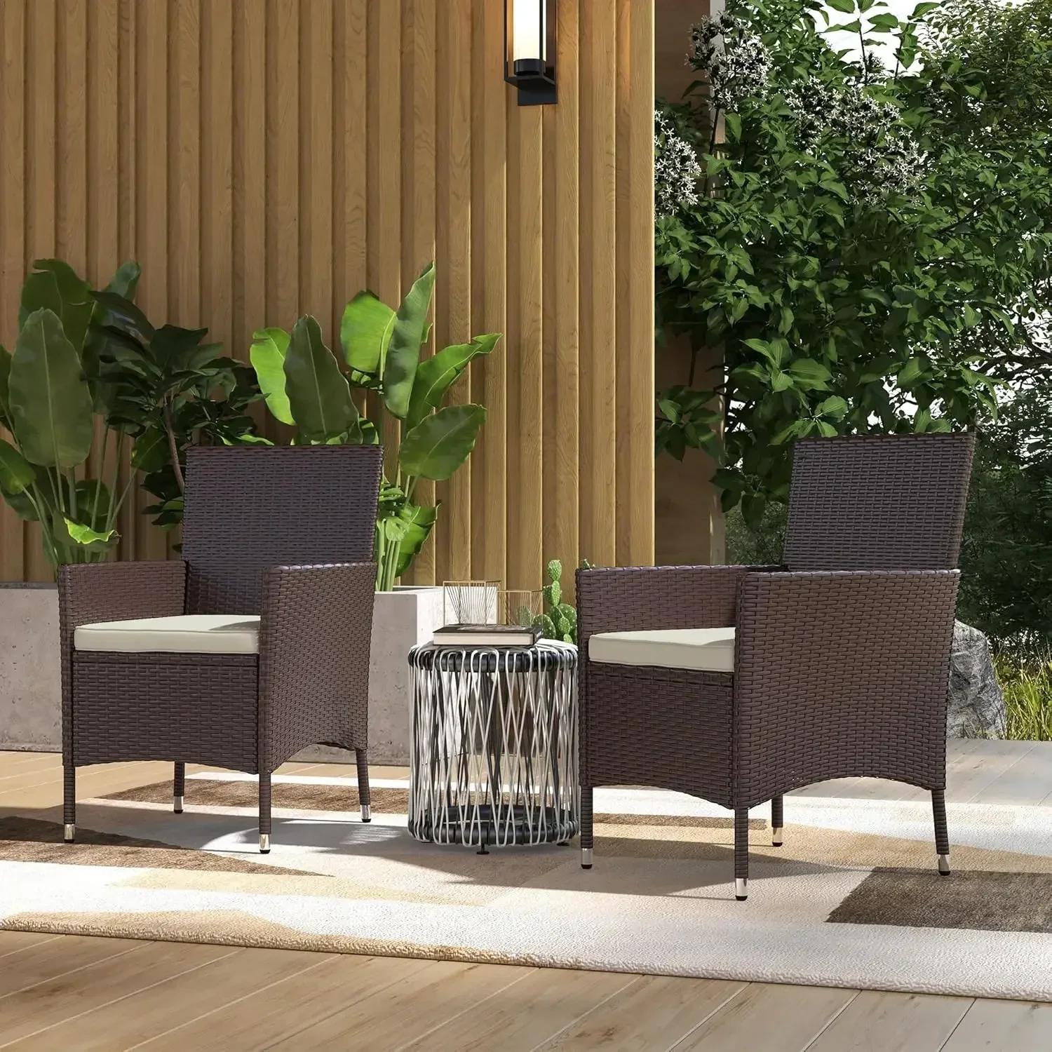 2 Pcs Dark Dining Chairs Set with Cushions And Anti-Slip Foot for Patio Backyard Garden Lawn Stackable Chairs Home Furniture