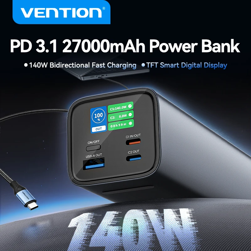 Vention 140W Power Bank 27000mAh PD Fast Charging Portable PowerBank for Laptop Xiaomi Macbook Pro Fast Charge External Battery