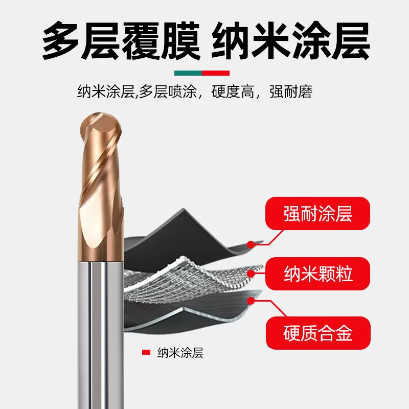 HRC55 Coated 2 Flute Extended Solid Carbide Ball Nose End Mill CNC Spherical Milling Cutter For Steel Machining