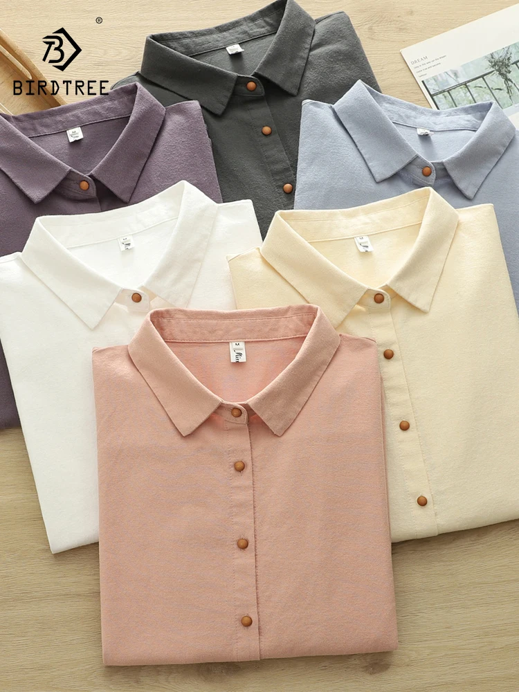 

New 2025 Autumn Cotton Long Sleeve Brushed Shirt, Women Turn-down Collar Solid, Mori Girl Fashion Casual Loose Blouse T5N152CC