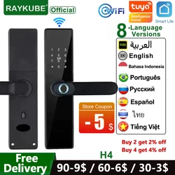 RAYKUBE-cerradura electrónica H4 Tuya, dispositivo de cierre inteligente con Wifi, huella dactilar, contraseña, tarjeta IC, llave, carga USB para casa inteligente