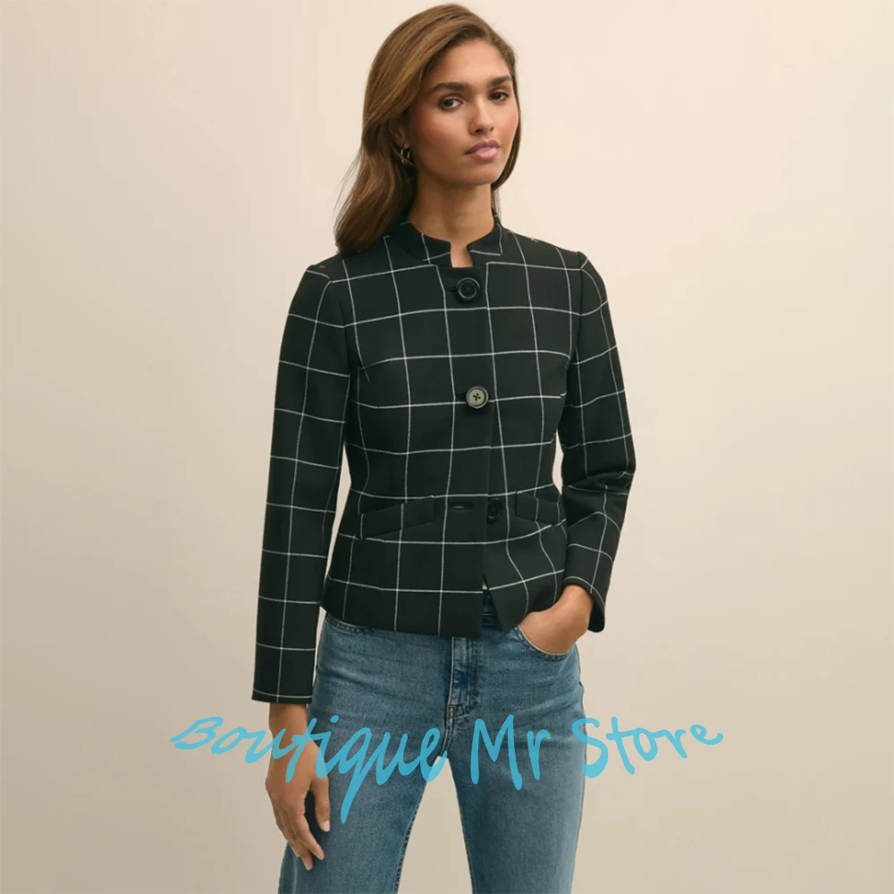 Daily Women's Black White Grid Suit Stand Collar Cropped Jacket+Denim Pants Set Casual Office Lady Workwear Formal Blazer