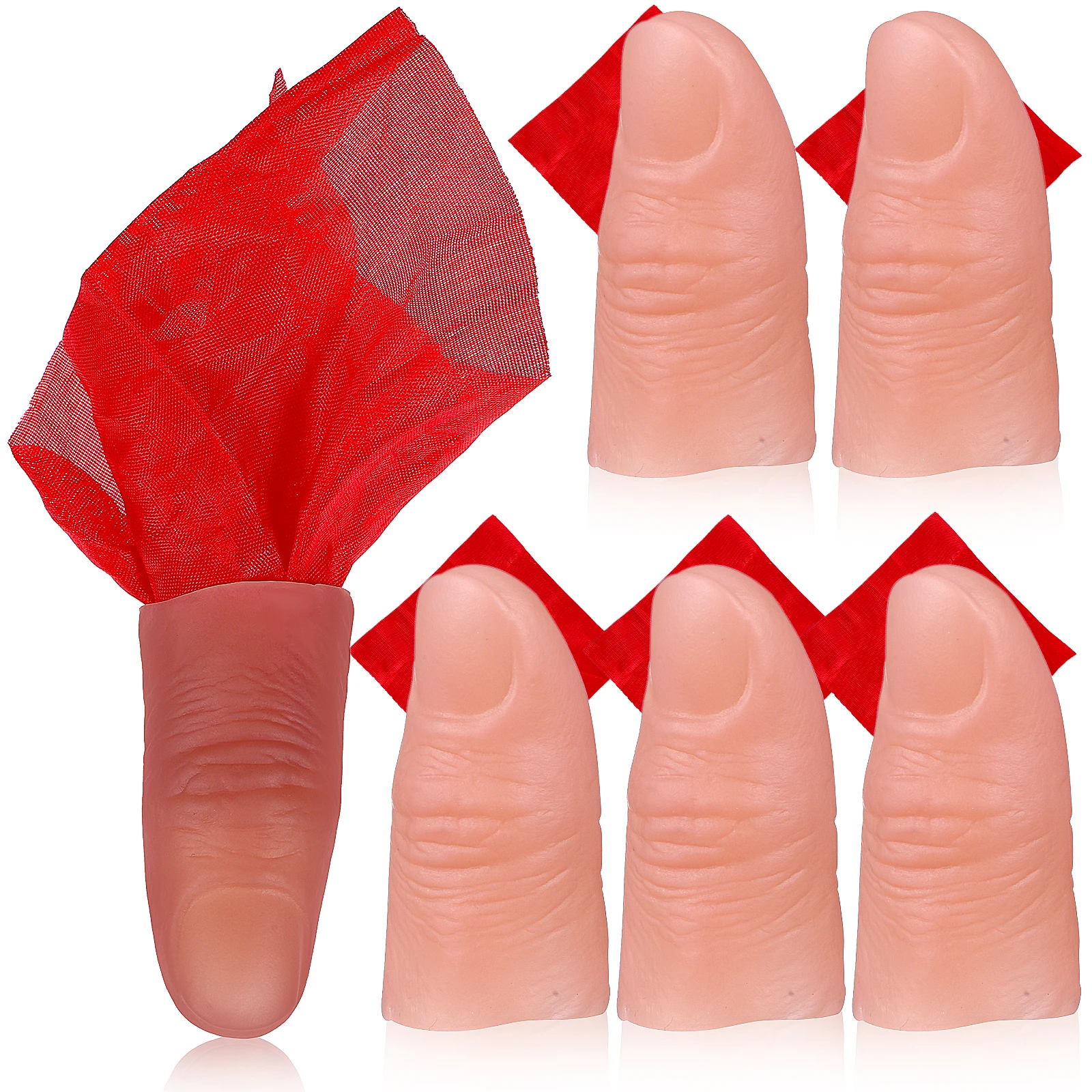 

6 set Fingertip Tricks Fake Thumb Tips Silky Scarves Finger Cots Props for Conjuring Stage Performance Reusable