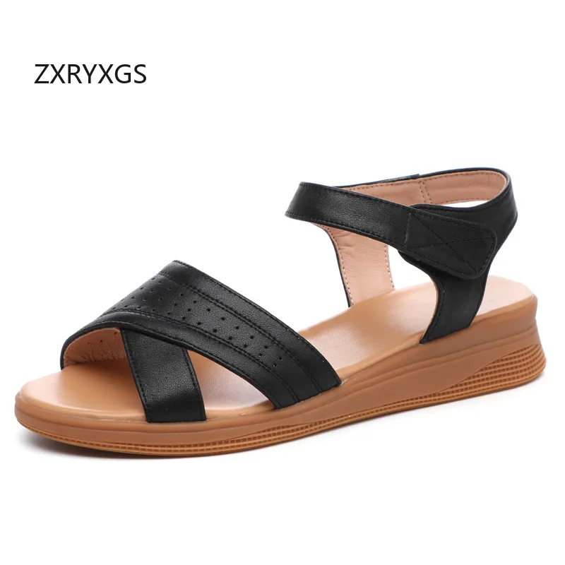 ZXRYXGS Elegant Comfortable Open Toe Mom's Sandals 2026 New Summer Genuine Leather Sandals Flat Soft Sole Women's Shoes Sandals