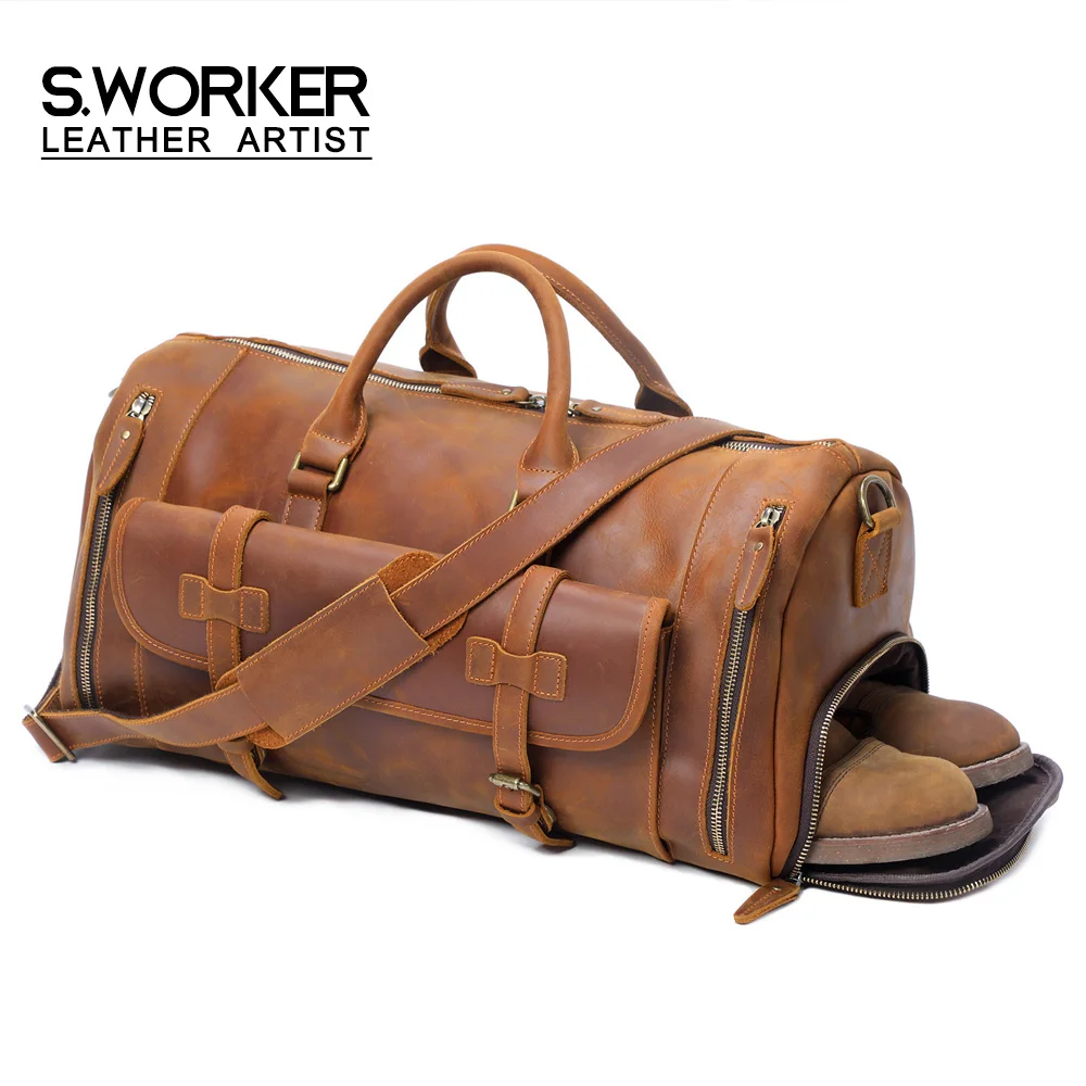 S.WORKER Echtleder-Reisetasche Klassische Vintage Vollnarbenleder-Reisetasche Wochenendtasche Sporttasche Handtasche – Detail 2