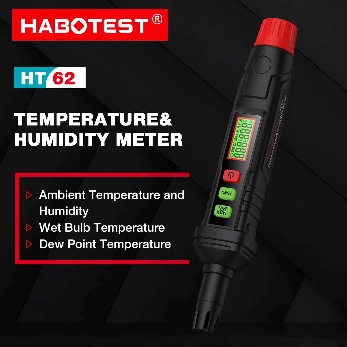 HABOTEST HT62 4-in-1 Digital Psychrometer Portable Thermo-Hygrometer Temperature and Humidity Meter Pen