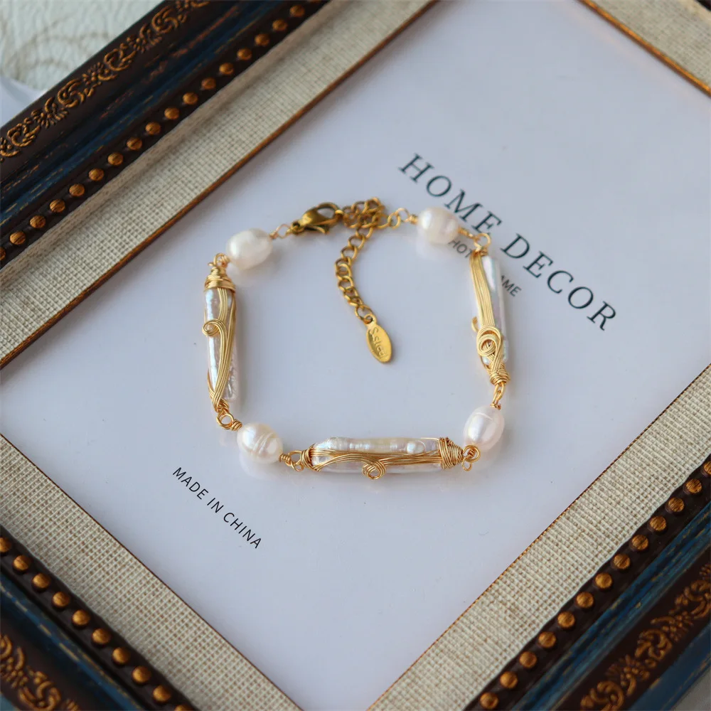 

Trendy Heavy Industry Light Luxury Palace Style Hand-wound Natural Freshwater Long Baroque Small Bar Pearl Bracelet