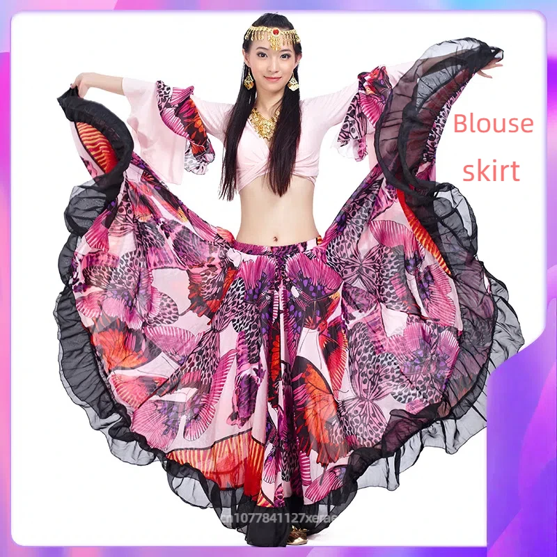 Conjunto de saia grande flor feminina para performance de dança do ventre, saia de dança do ventre de 720 graus, manga longa, conjunto de saia grande de balanço