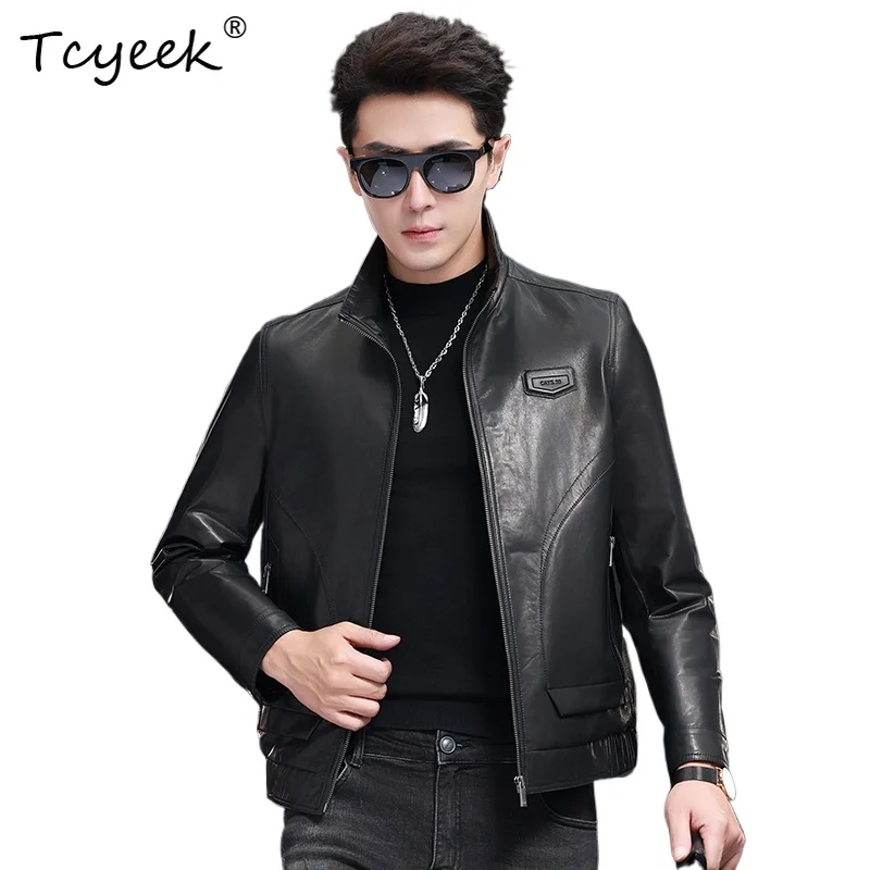 

Tcyeek Sheepskin Spring Autumn High End Trendy Lapel Stand Up Collar Black Short Men's Genuine Leather Jacket Jaquetas Masculino