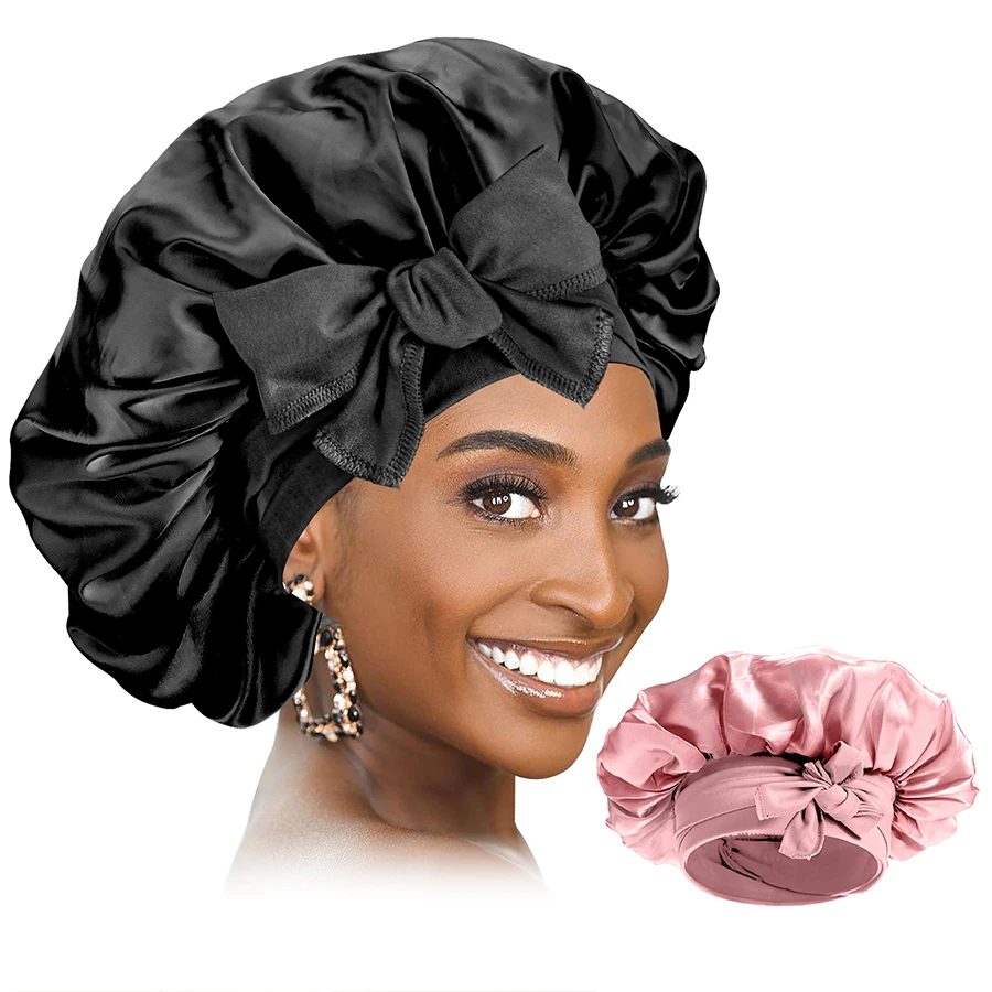 Satin Nightcap Comfortable Silk Soft Cap for Sleeping Hair Care Hat with Hairband for Women Curl Hair Elastic Wide Brim Roundhat
