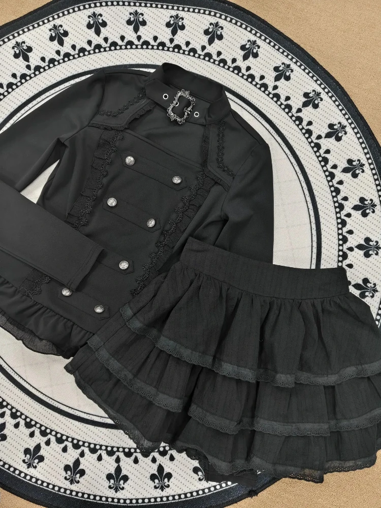 

Spring Gothic Retro Sweet 2 Piece Sets Women Y2k Button Design Elegant Mini Skirt Suit Female Lace Chic Korean Popular Clothes