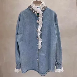 Luxury Style Denim Shirt Women's Diamonds Beaded Stitch Deinm Shirts Blouses Lace Embroidery  Buttons Up Top 2024 Autumn Coat