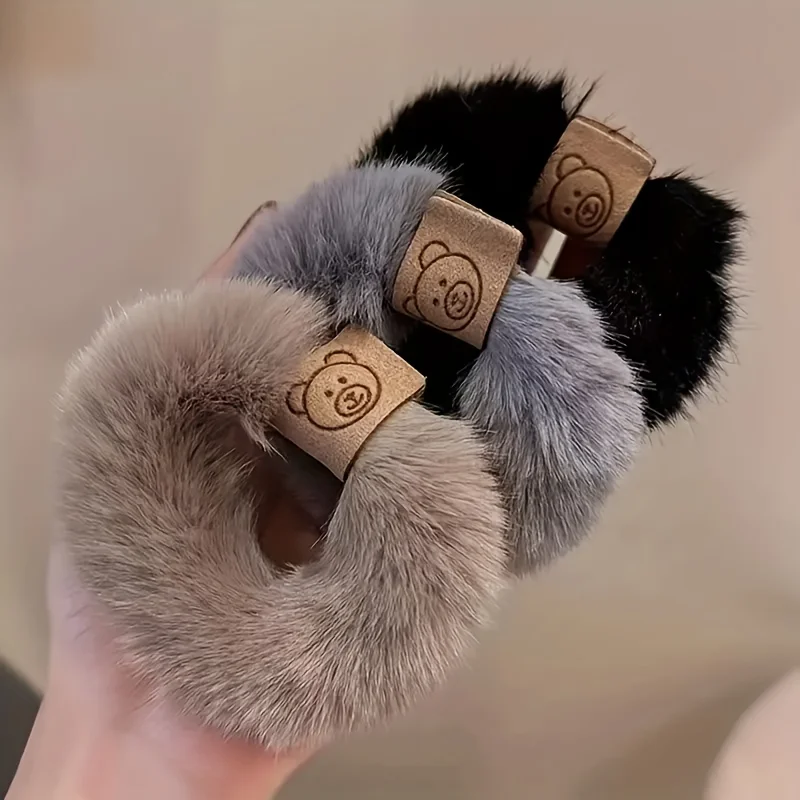 3-teiliges Set aus Plüsch-Haarbändern mit Wintermotiven, bezaubernd | Hochelastisches, niedliches Pferdeschwanz- und Hasen-Haaraccessoire-Set für Mädchen – Detail 1