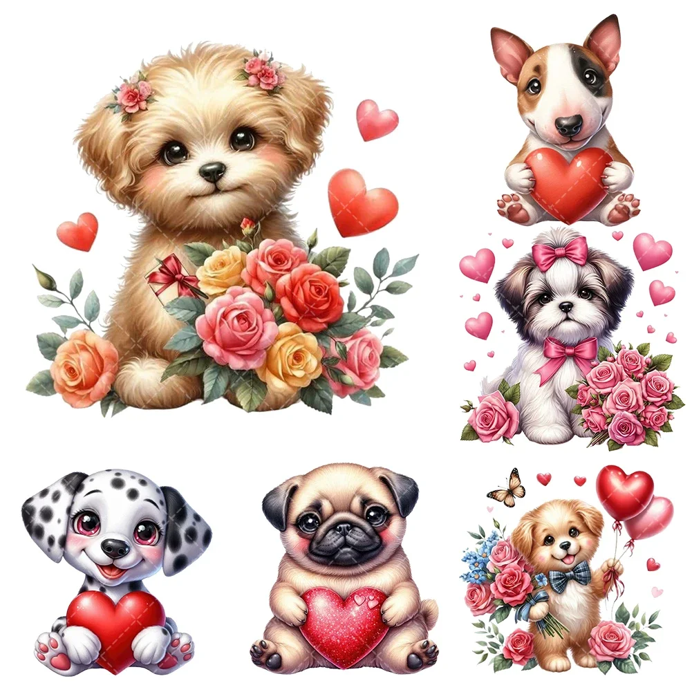 20cm Valentine's Dog Iron On Heat Transfer Stickers For Clothes DTF Pinted Vinyl Thermal Appliques Washable T-Shirt Decal