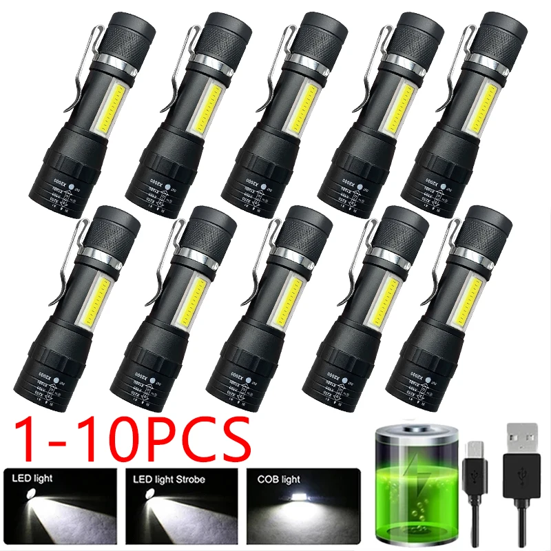 1-10PCs Mini LED Flashlight COB+XPE Zoom Torch Built In Battery USB Rechargeable With Pen Clip Outdoor Camping Emergency Lamp