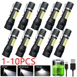 1-10PCs Mini LED Flashlight COB+XPE Zoom Torch Built In Battery USB Rechargeable With Pen Clip Outdoor Camping Emergency Lamp