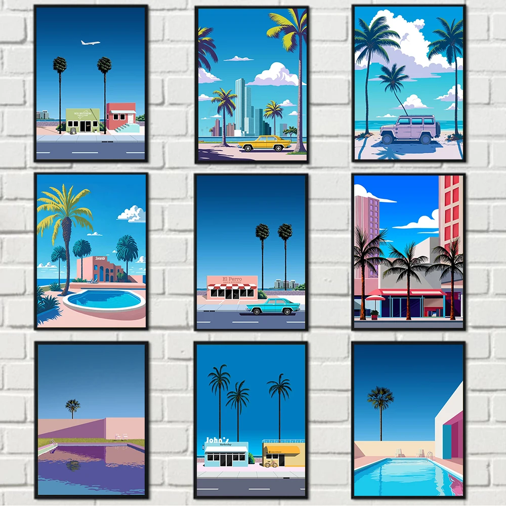 Retro Beach Swimming Pool Canvas Prints Posters Nordic Wall Art Pictures Modern Abstract and Simple Home Decoration Paintings