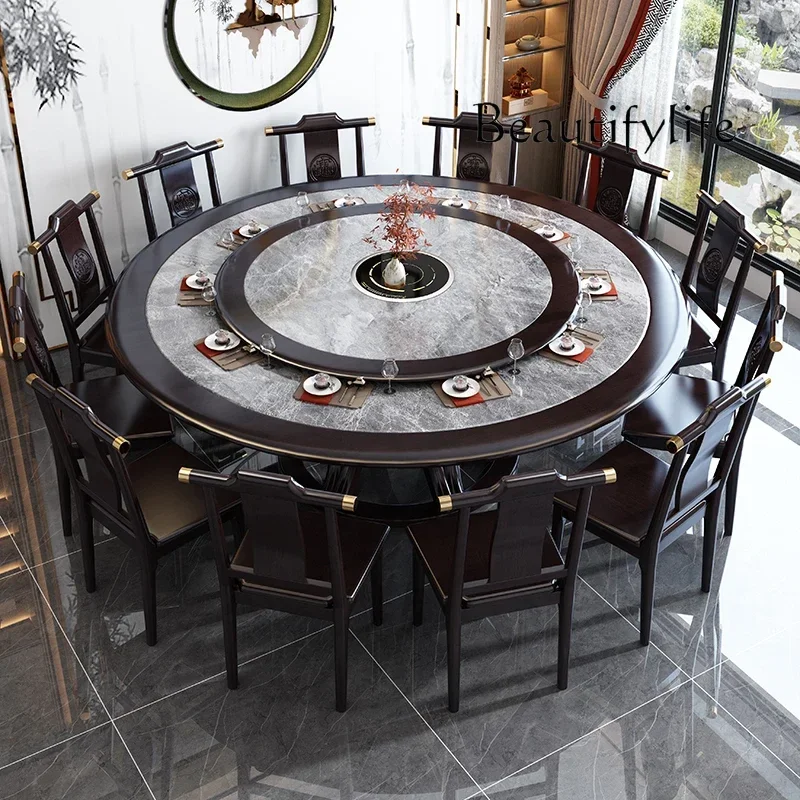 Solid Wood Dining Table and Chair Assemblage Zone Turntable Household Hotel Stone Plate Dining Table with Induction Cooker