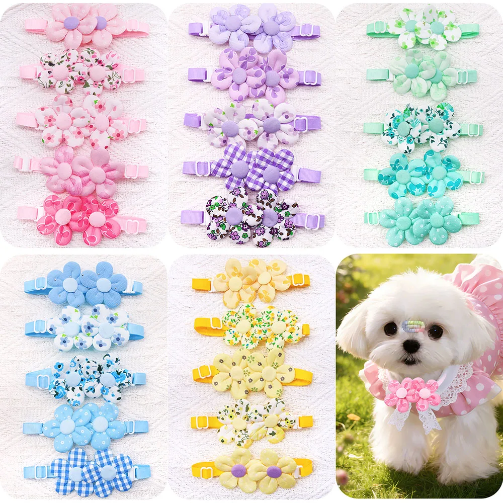 10PCS Flower Shape Sweet Dog Bowties Adjustable Puppy Bowknots Colorful Small Dog Cat Necklaces Pet Supplies For Dogs