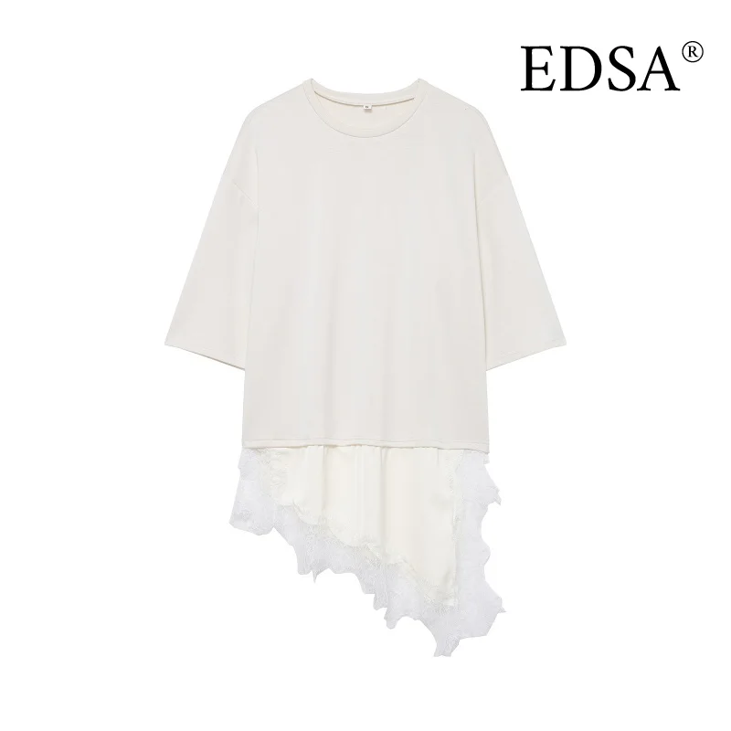 EDSA المرأة الساتان الدانتيل المرقعة تي شيرت نمط فستان قصير قصير الأكمام س الرقبة الصيف بلون Y2K الشارع الشهير #2