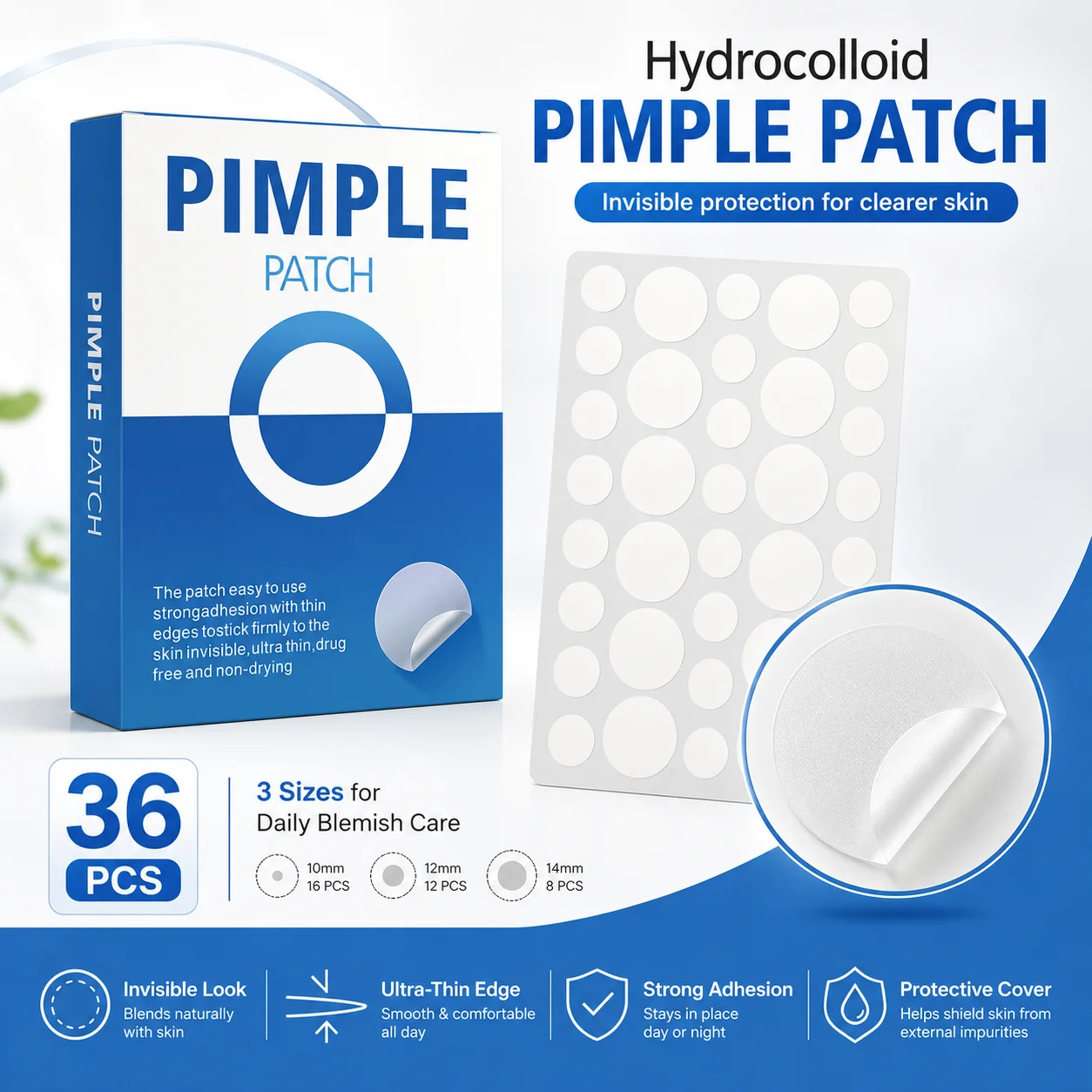 36PCS Hydrocolloid Blemish Patches White Round Dot Invisible Spot Cover Ultra Thin Face Stickers Day Night Care
