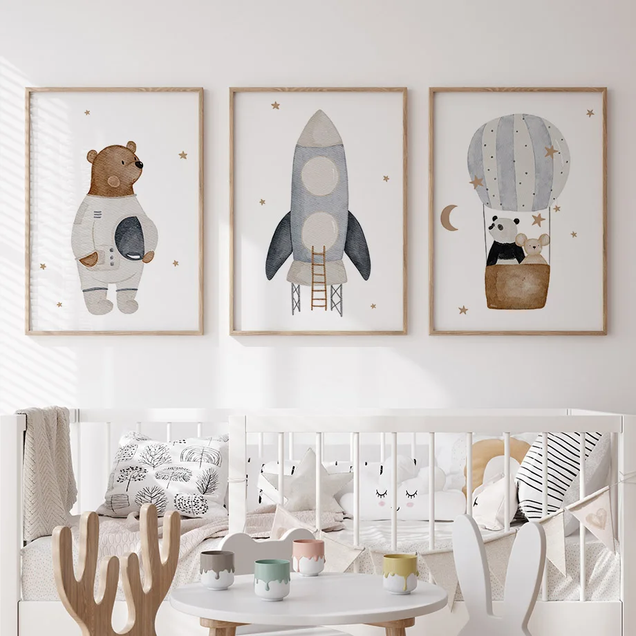 Boho Weltraum-Raketen-Bär-Panda-Maus Kinderzimmer-Poster Cartoon-Wandkunst Leinwanddruck Baby-Kinderzimmer Heimdekoration Bild