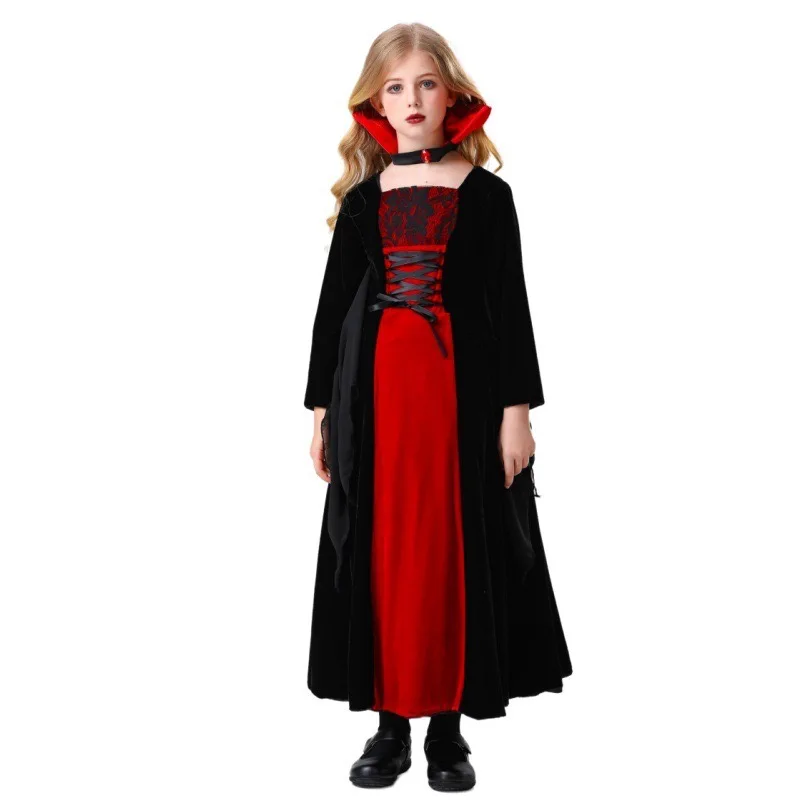 Costumes de vampire d'Halloween pour filles, robe de soirée pour enfants, magicien, sorcière, cosplay, carnaval, défilé de Pourim, scène, jeu en plis