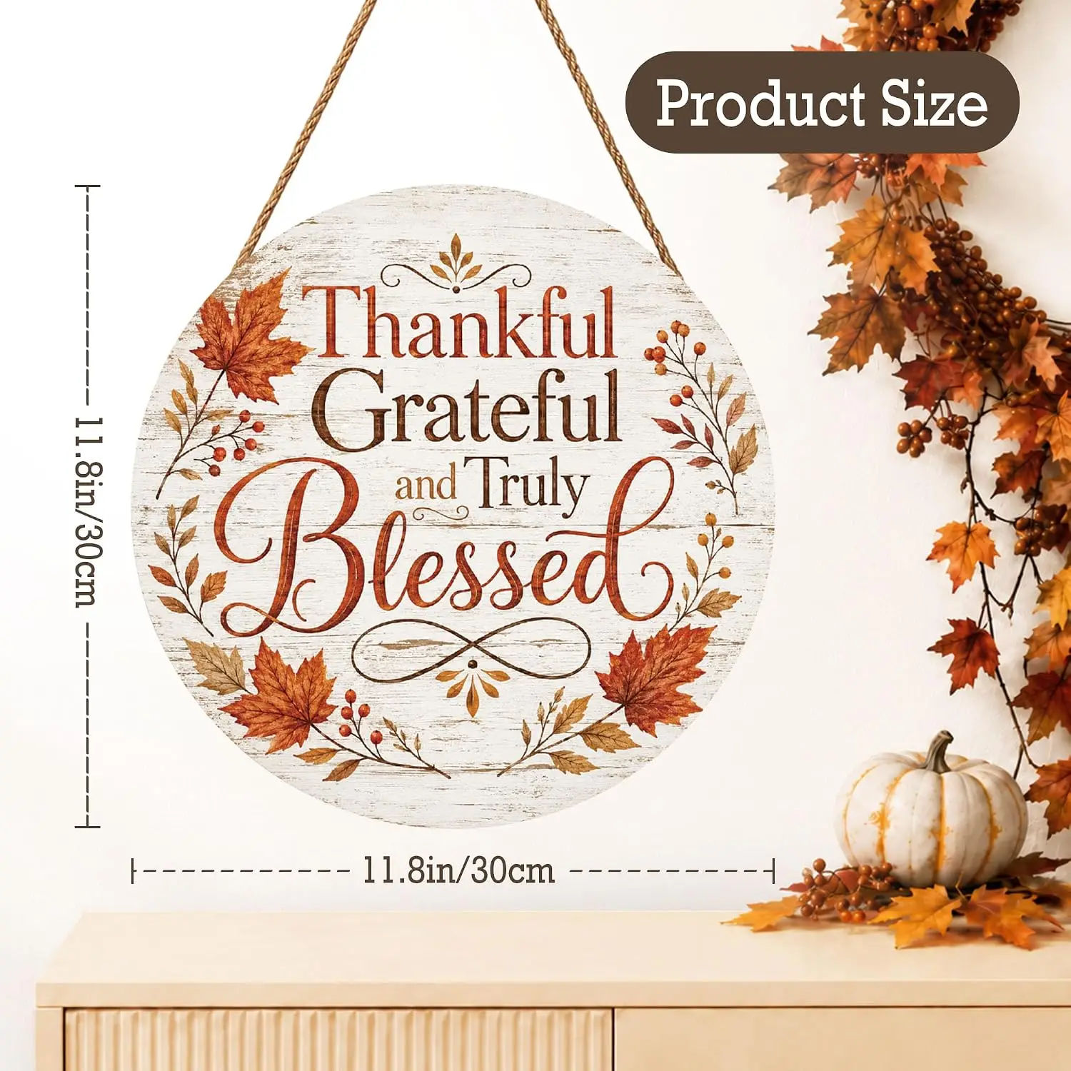 Thankful Grateful Blessed Door Sign 11.8 In Fall Home Decor