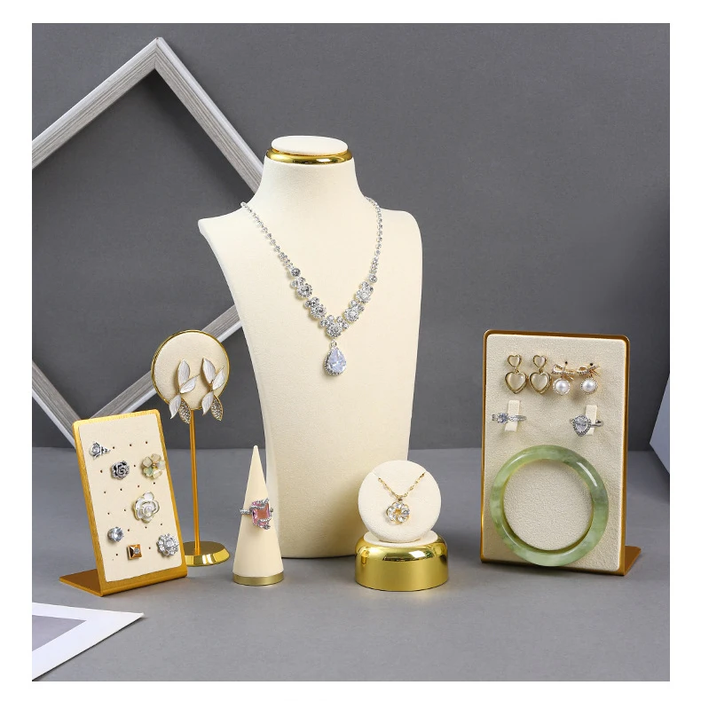 Beige Jewelry Display Props with Metal Base Earring Necklace Organizer Holder Jewelry Counter Earrings Rings Display Stand