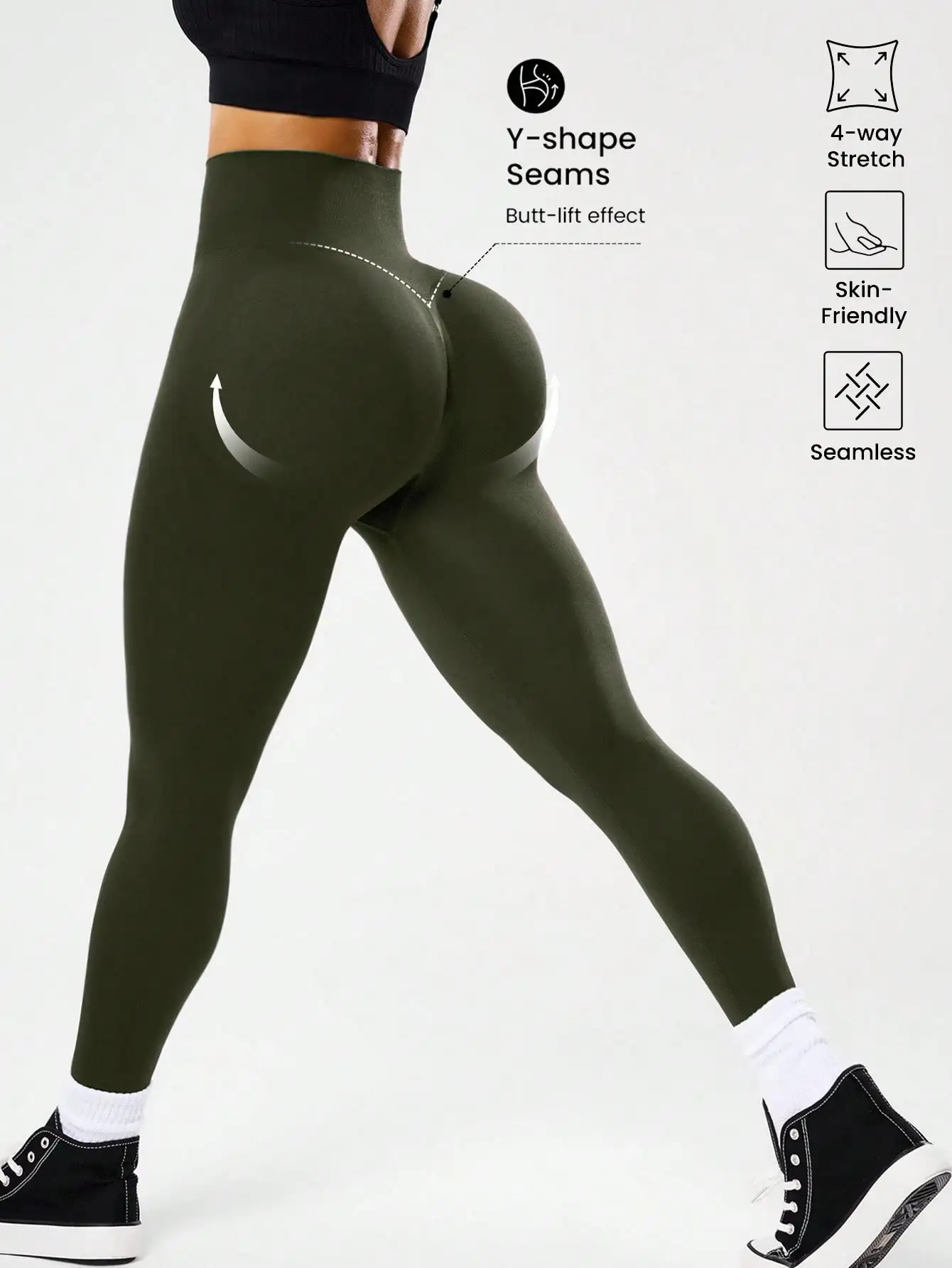 Bestseller: Damen-Leggings mit hoher Taille, Bauchkontrolle, Pfirsich-Po-Effekt, V-Rücken, atmungsaktiv, schnelltrocknend und formend für Laufen und Fitness – Detail 17