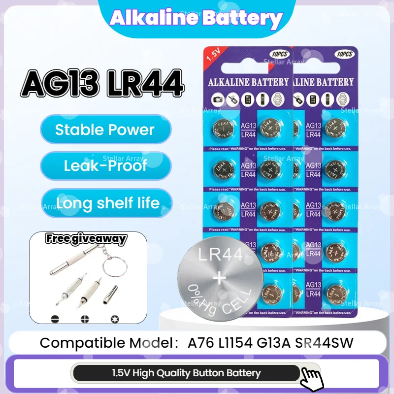 

AG13 Alkaline Button Cell Battery 1.5V for Watches Toys Remotes Compatible with LR44 A76 303 357 PX76 SR44 SR43SW G13A LR1154