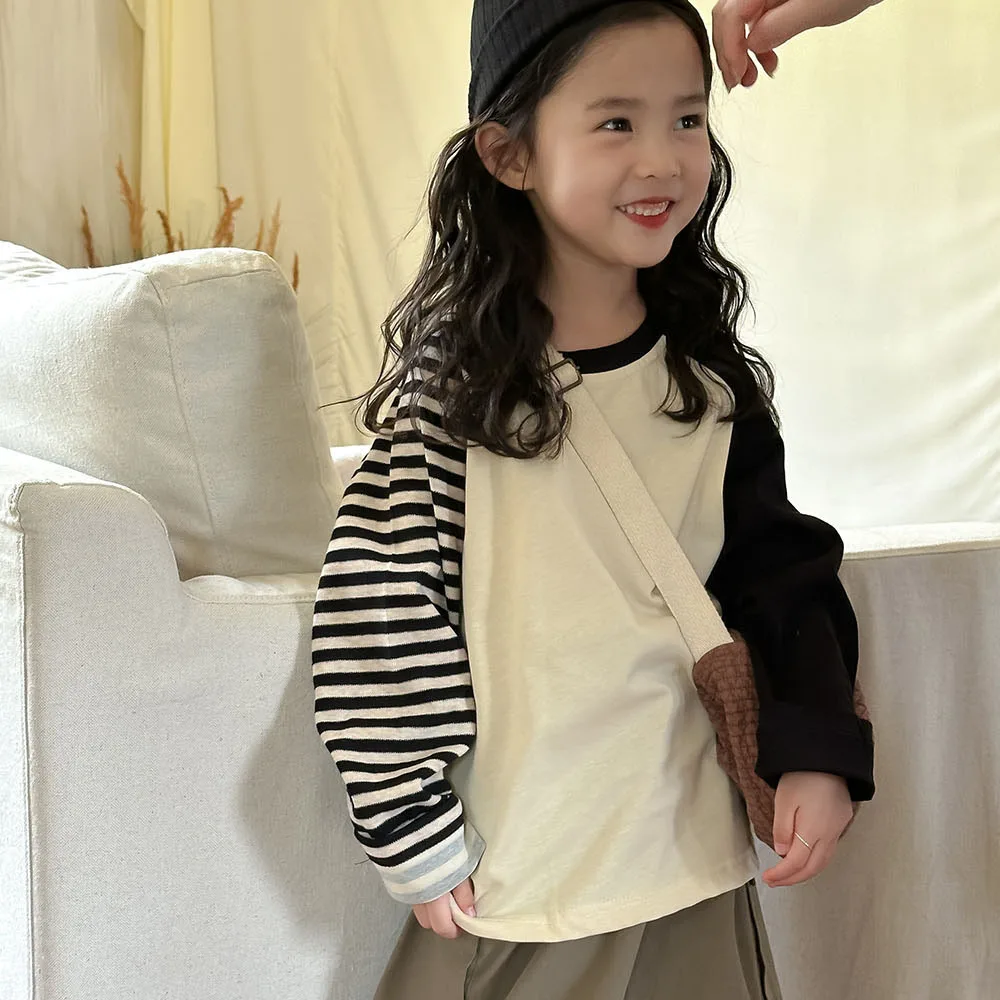 

T-shirt Autumn New Korean Series Children Clothing Cotton Stripe Splicing Sweet Cool Girl Tops 2024 Round Collar Simple