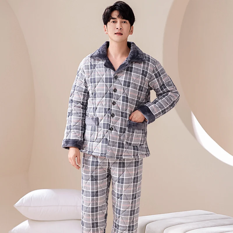 Winter thick men's pajamas cardigan lapel cotton-padded plaid men's home wear keep warm three-layer cotton quilted pyjamas male