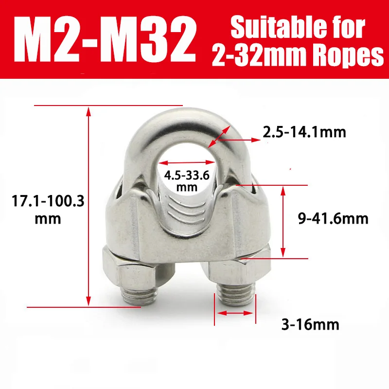 1-4-個-m2-m32-304-ステンレス鋼-u-型ワイヤーロープクリップヘビーデューティケーブルクランプワイヤーロープ固定用ハードウェアアクセサリー