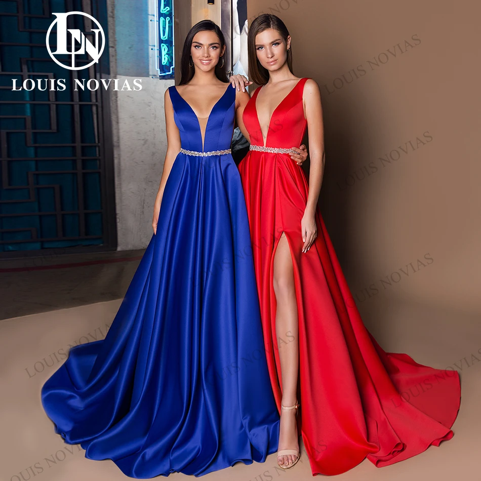 LOUIS NOVIAS Sleeveless Evening Dresses For Women Sexy Satin Deep V-Neck Party Dresses vintage Thigh Split Vestidos De Noche