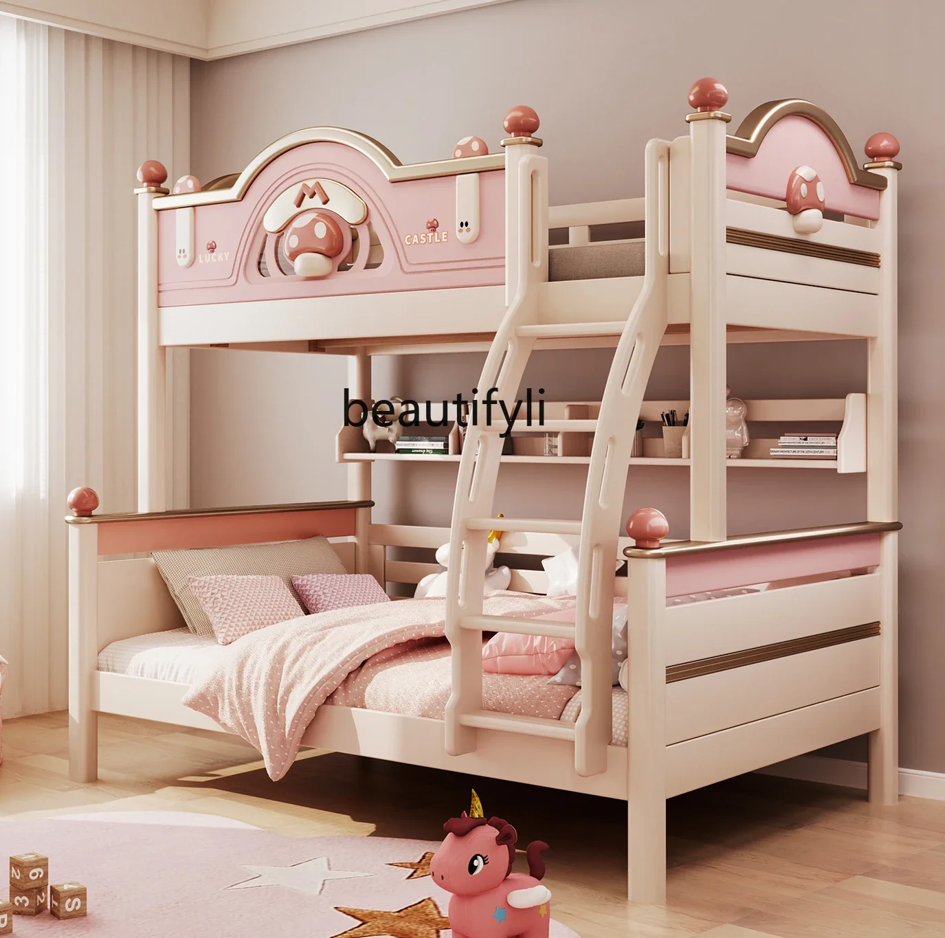 

Mushroom Bunk Bed Girl Upper and Lower Bunk Double Layer Boy Girl Bed All Solid Wood Height-Adjustable Bed