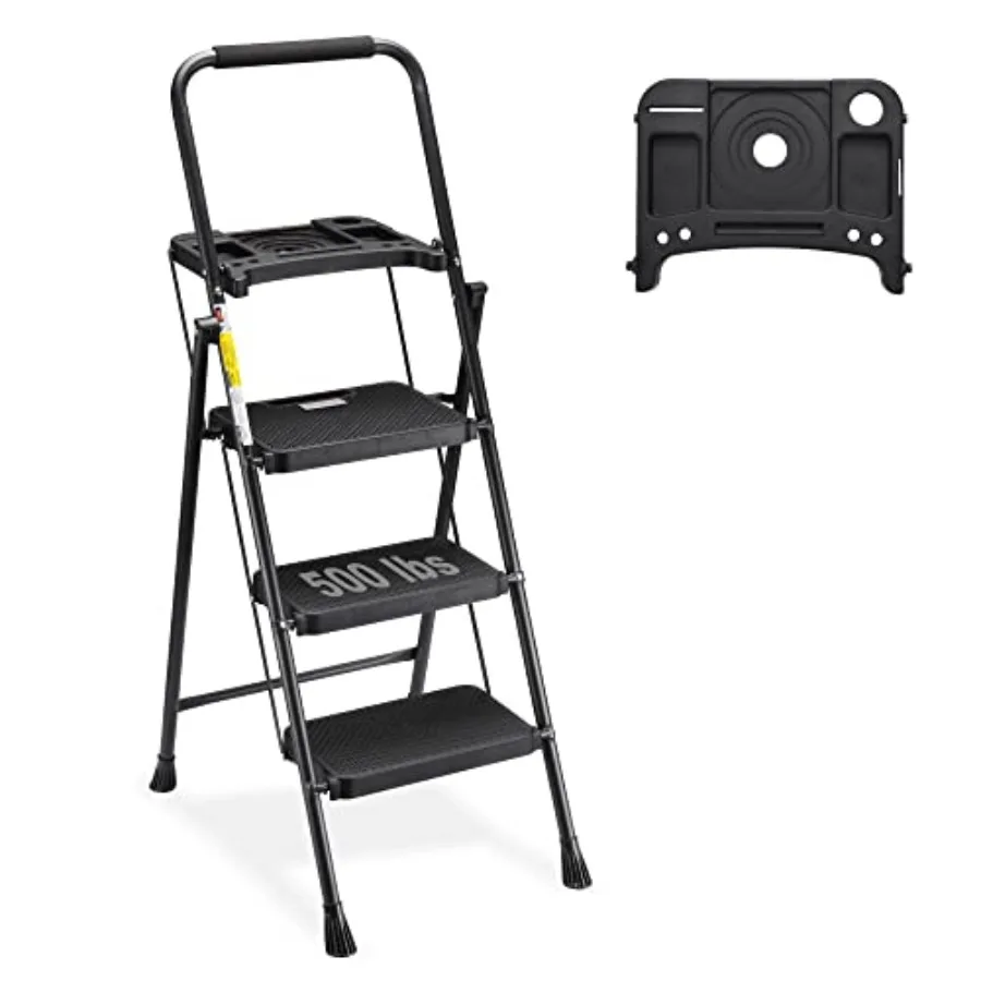 

3 Step Ladder with Tool Tray Folding Step Stool with Wide Non-Slip Pedal and Comfort Handgrip for Household and Office Lightwei