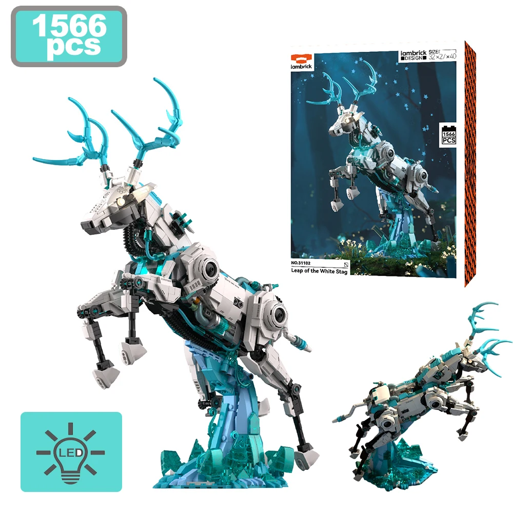 1566PCS Beast-Formed Mecha Series Building Blocks City With LED Light White Deer Leap Design Model Toys Birthday Holiday Gifts