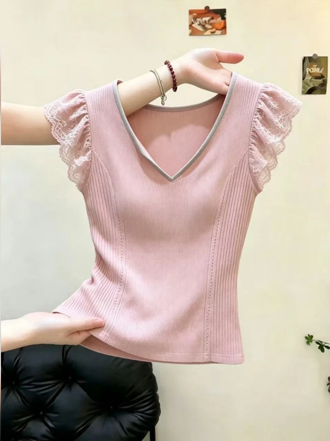 

V-Neck Lace Splice Fly Sleeve Knitted Ice Silk Slimming Age-Defying Versatile Top Small Shirt Summer 2026 Commute Korean Style