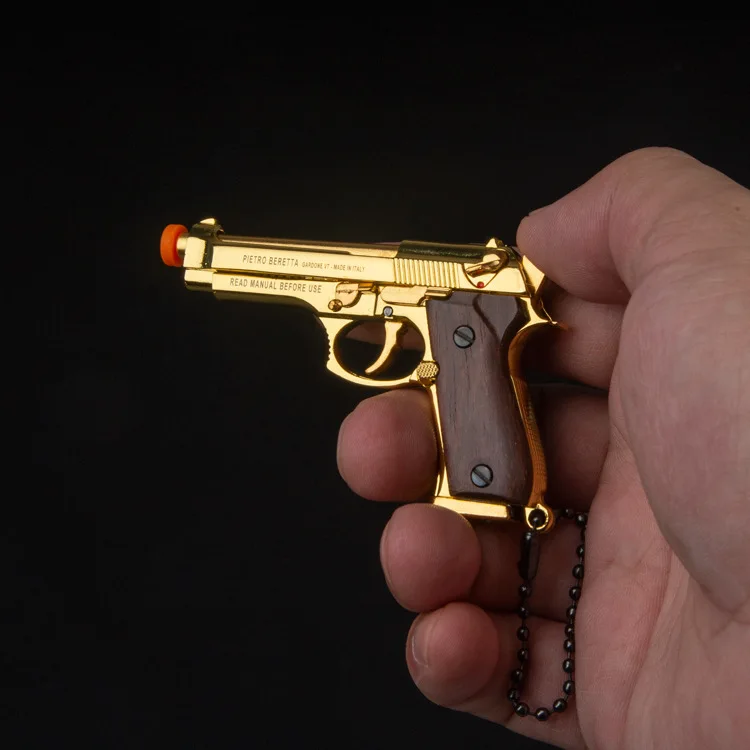 1/3 92F Pistol Shape Keychain Solid Wood Handle Mini Toy Gun Model Key Chain Bag Gadgets Pendant for Gift for Men Boy