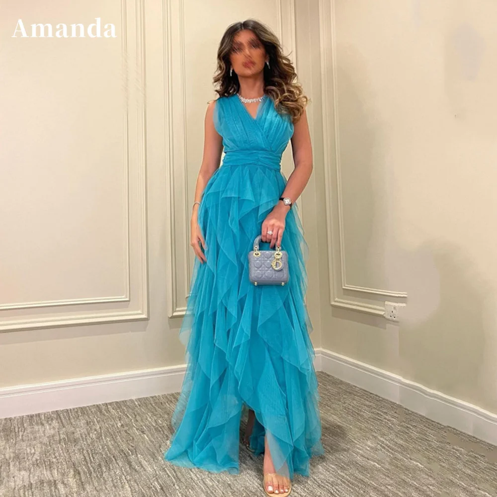 Amanda Light Blue Prom Dress 2023 Elegant Formal Occasion Dresses Edge Curl فستان سهرة Floor Lenght Tulle Party Dress