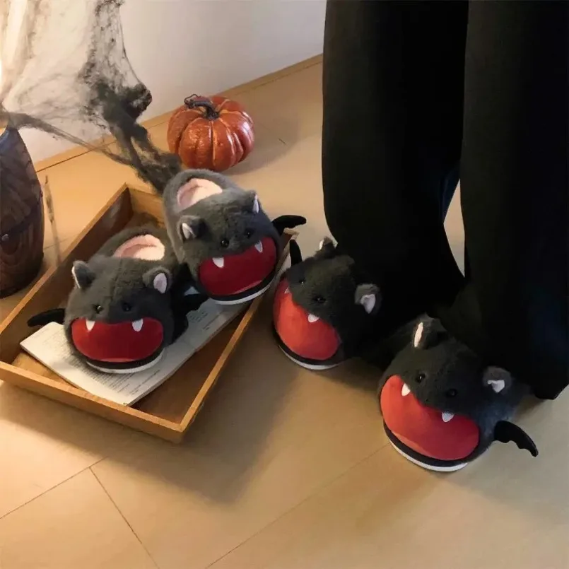Bat Fuzzy Slipper Men House Fluffy Winter Warm Fur Plush Indoor Thermal Furry Home Shoe Flat Slide Cute Halloween Cozy Women