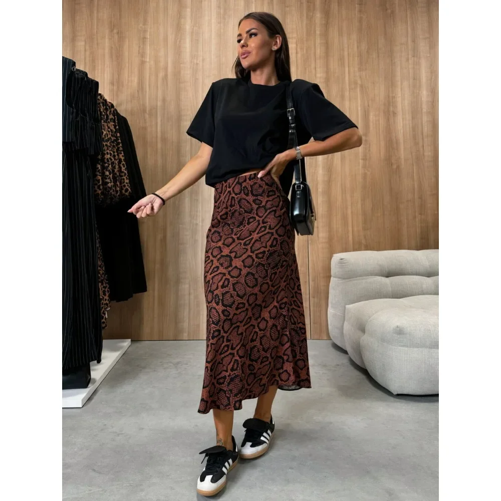 Women High Waist Leopard Print Slimming Midi Skirt New European Style Ladies Daily Streetwear Chic Versatile Fashion Sexy