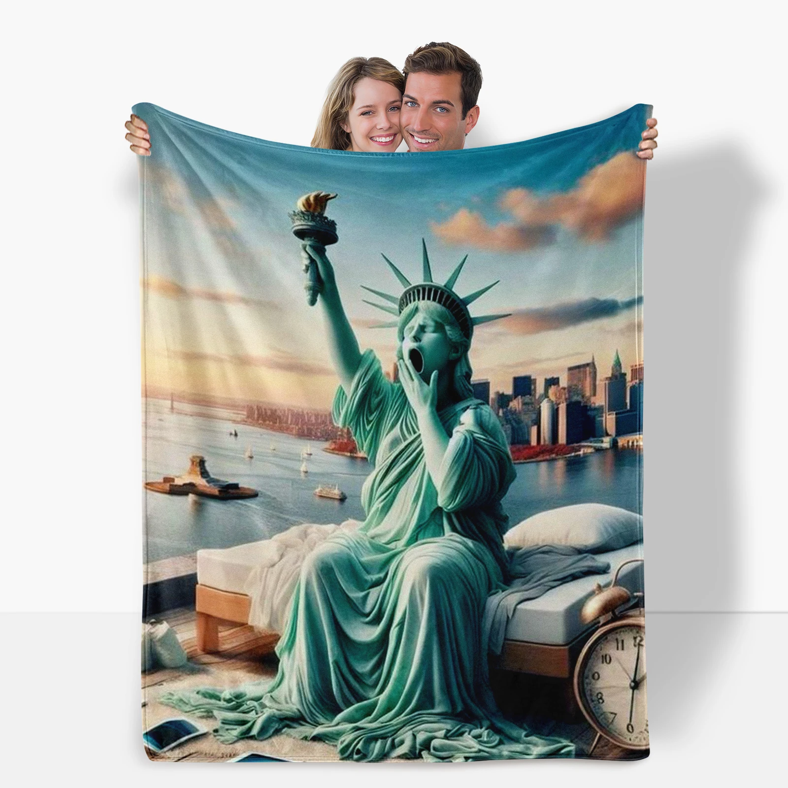 Cozy Cartoon Statue Of Liberty Waking Up Blanket Perfect For Family And Friends Bringing Joy