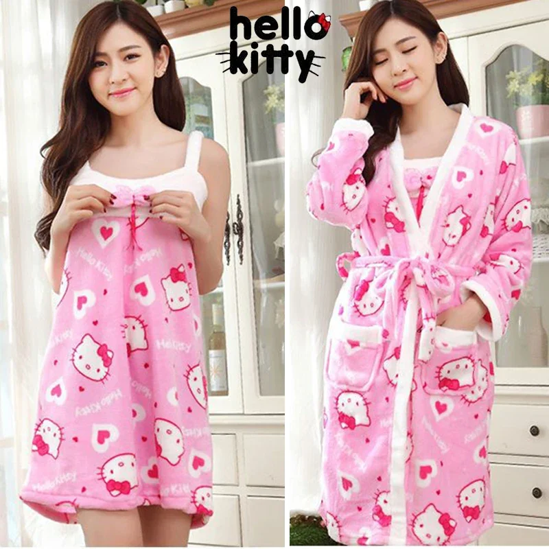 2pcs Hello Kitty Women Pajamas Winter Flannel Nightwear Bathrobes Female Thicken Warm Slip Dress Sleepwear Nightwear Robes Gifts