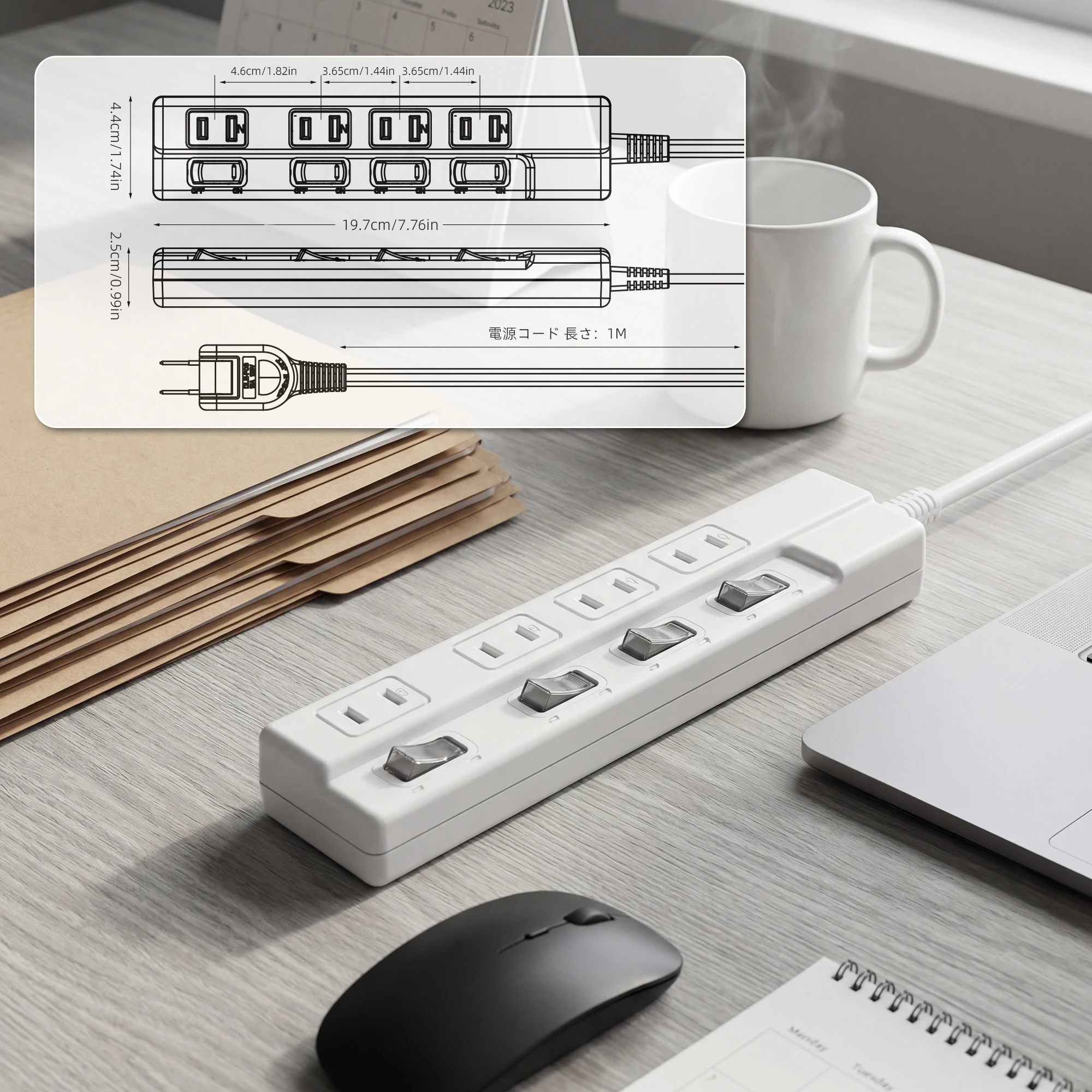 Independent Switch Socket Power Strip, the Plug Can Be Rotated 180 Degrees ° Adjustable, 4 Ac Ports, 125V, Maximum Current 1500W