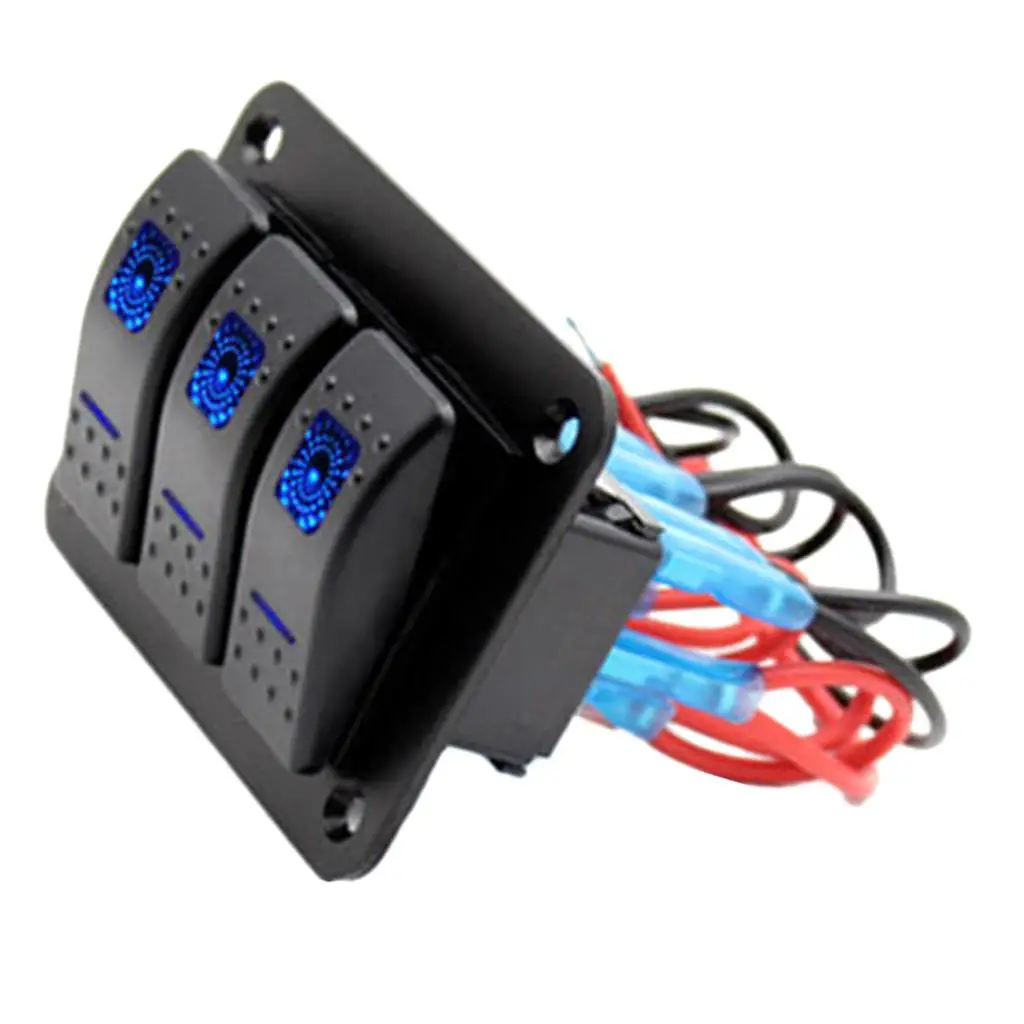 3 Gang Rocker Switch Panel with Rubber Seal ABS Flame Retardant Blue LED Circuit Breaker for SUV Yacht Bus