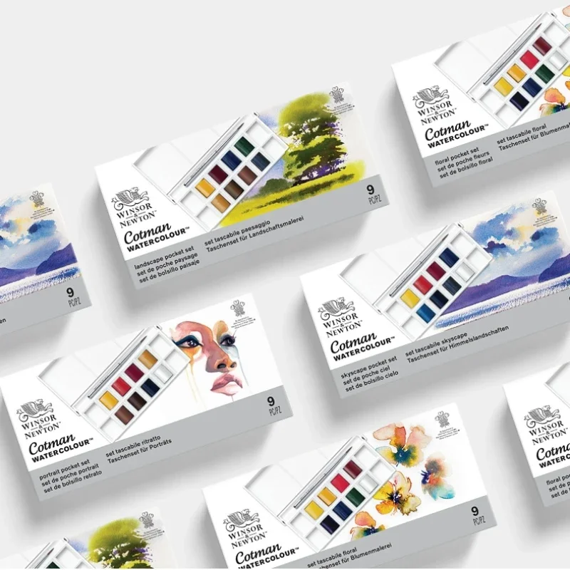 Winsor Newton Cotman Solid Water Color Paint Portable Travel Half Pan Paint Pigment with Palette Tray Paint Brush Watercolor Set